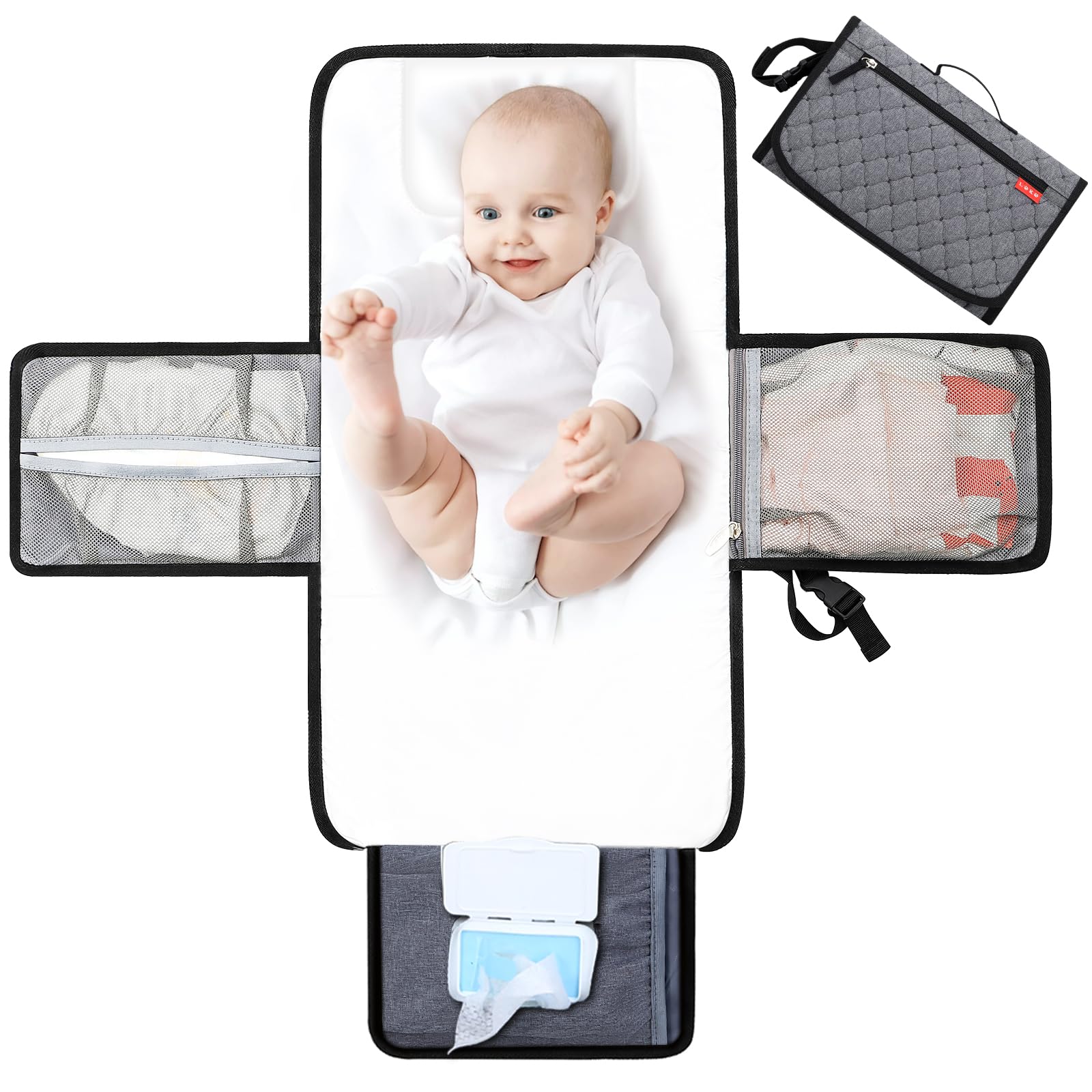 Lekebaby Tragbare Wickelunterlage Unterwegs, Baby Wickelunterlage Waschbar mit 3 Fächern, Wasserdichte faltbare Windeltasche mit Tuchspender und bequemes Kopfkissen