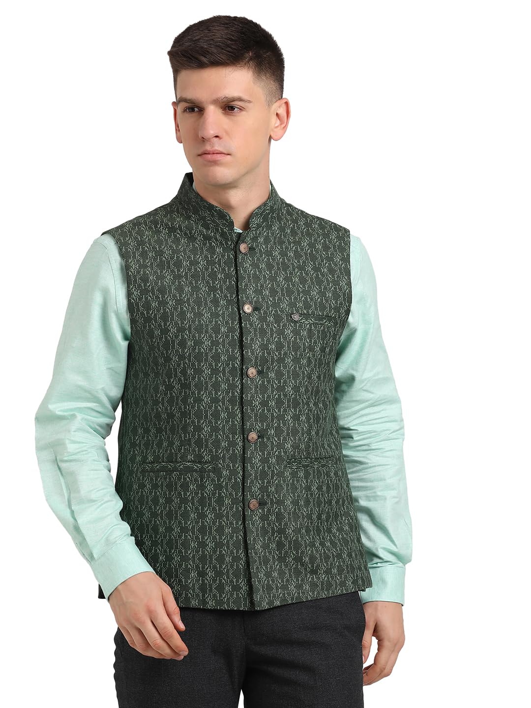 turtle Men Terry Rayon Dobby Print Slim Fit Dark Green Nehru Jacket-picture-50