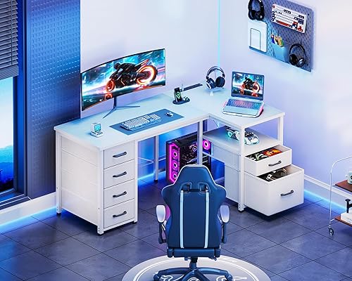 Miniatura 9 de Coleshome Escritorio para computadora en forma de L con 6 cajones y toma de corriente, escritorio de esquina de 55 pulgadas con estante de