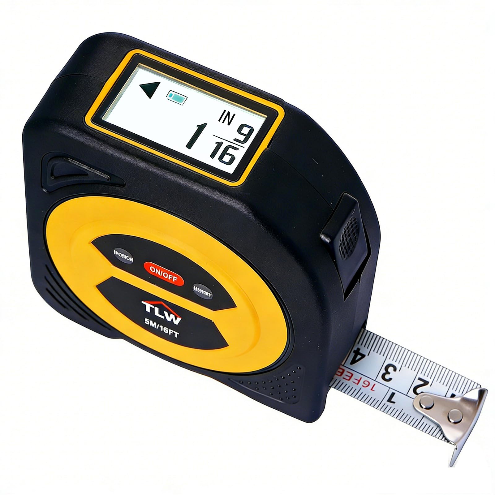 TLW Mètre ruban numérique professionnel de 5 m, lame de 25 mm de large pour grand écran LCD rétroéclairé avec 9 mémoires de données
