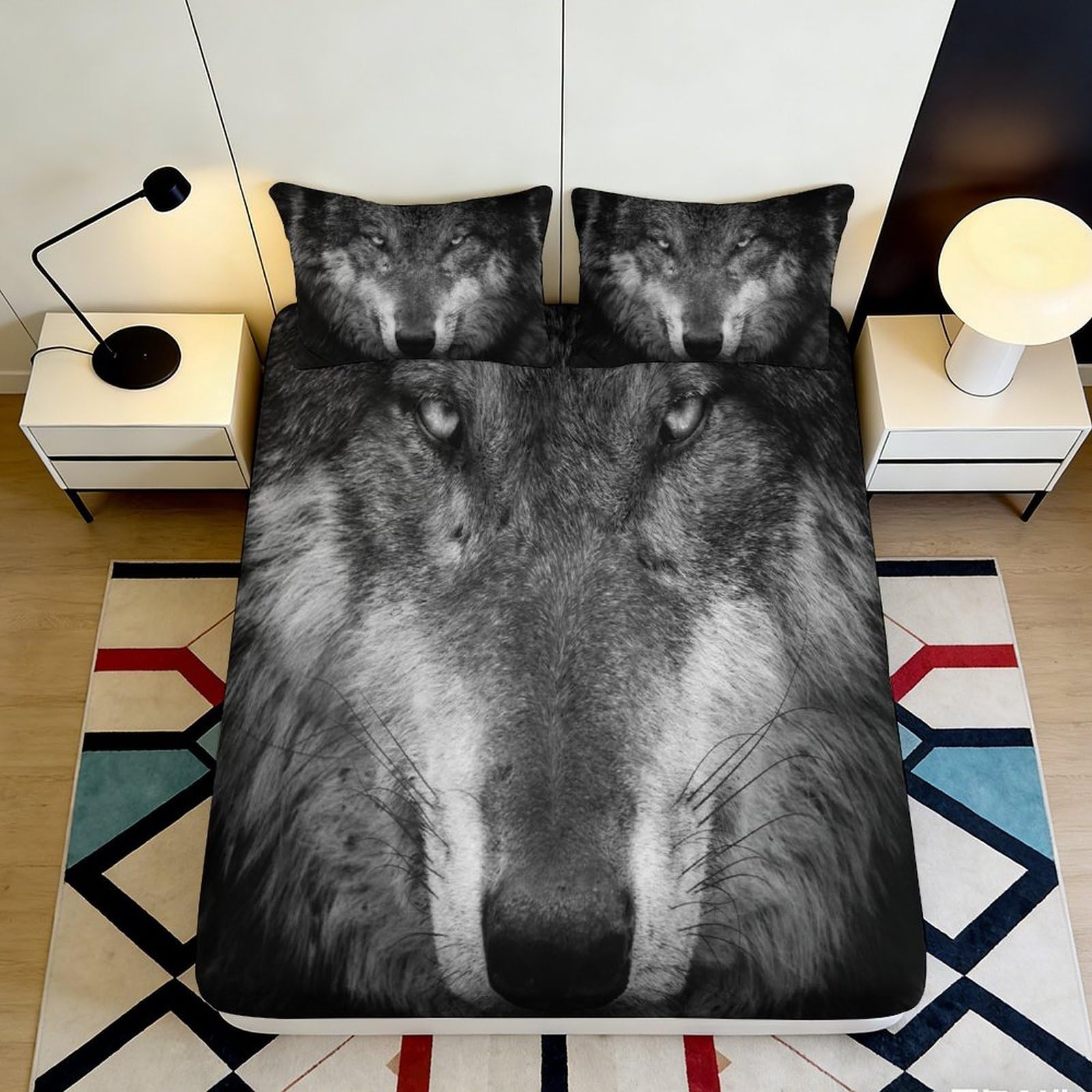 3D Printed Wolf Face Fitted Sheet Microfiber Bedroom Decor Animal Mattress Cover for Home Guest Room Dorm Protection 160x200x25cm
