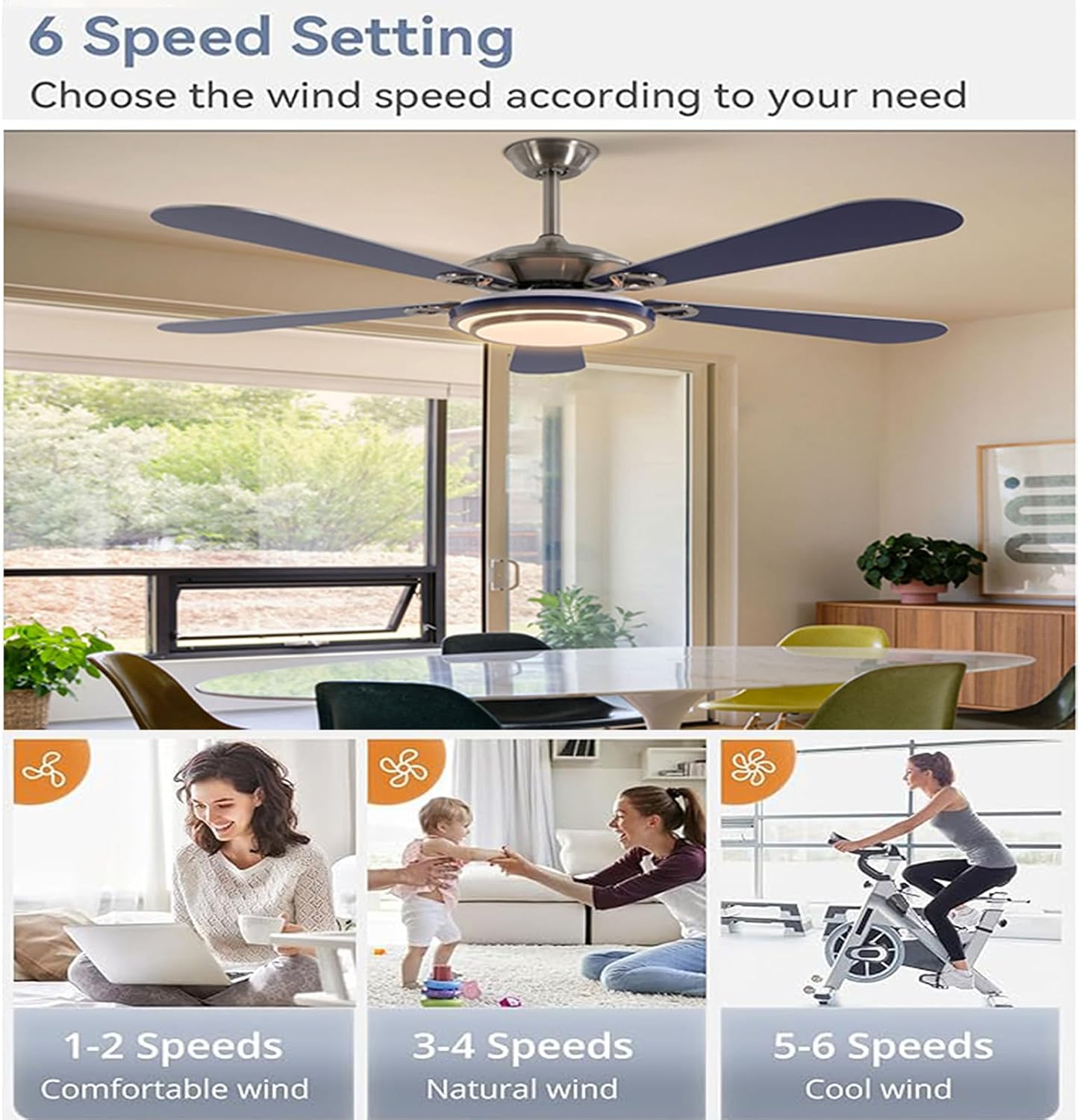 Ceiling Fan Light, Modern 5-Blade Ceiling Fan, 48 LED Beads, Remote Controlled, 6-Speed Adjustable Wind, Warm Neutral Cool Lighting, Bedroom Living Room, Sealed Acrylic Lampshade