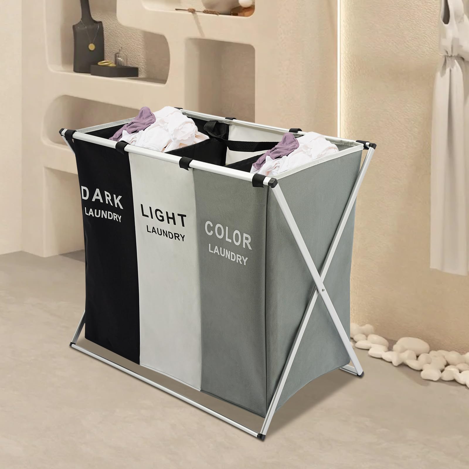 Cesto per la biancheria a 3 scomparti, cesto portabiancheria pieghevole con sacchetto interno removibile, struttura in metallo, sistema di ordinamento del bucato 138 l, 65,5 x 39,5 x 60 cm