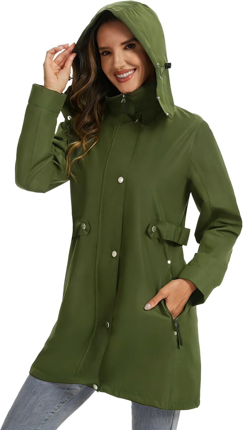 HALO RAIN Women's Long Rain Jacket Waterproof Lightweight Hooded Raincoat Outdoor Windbreaker Hiking