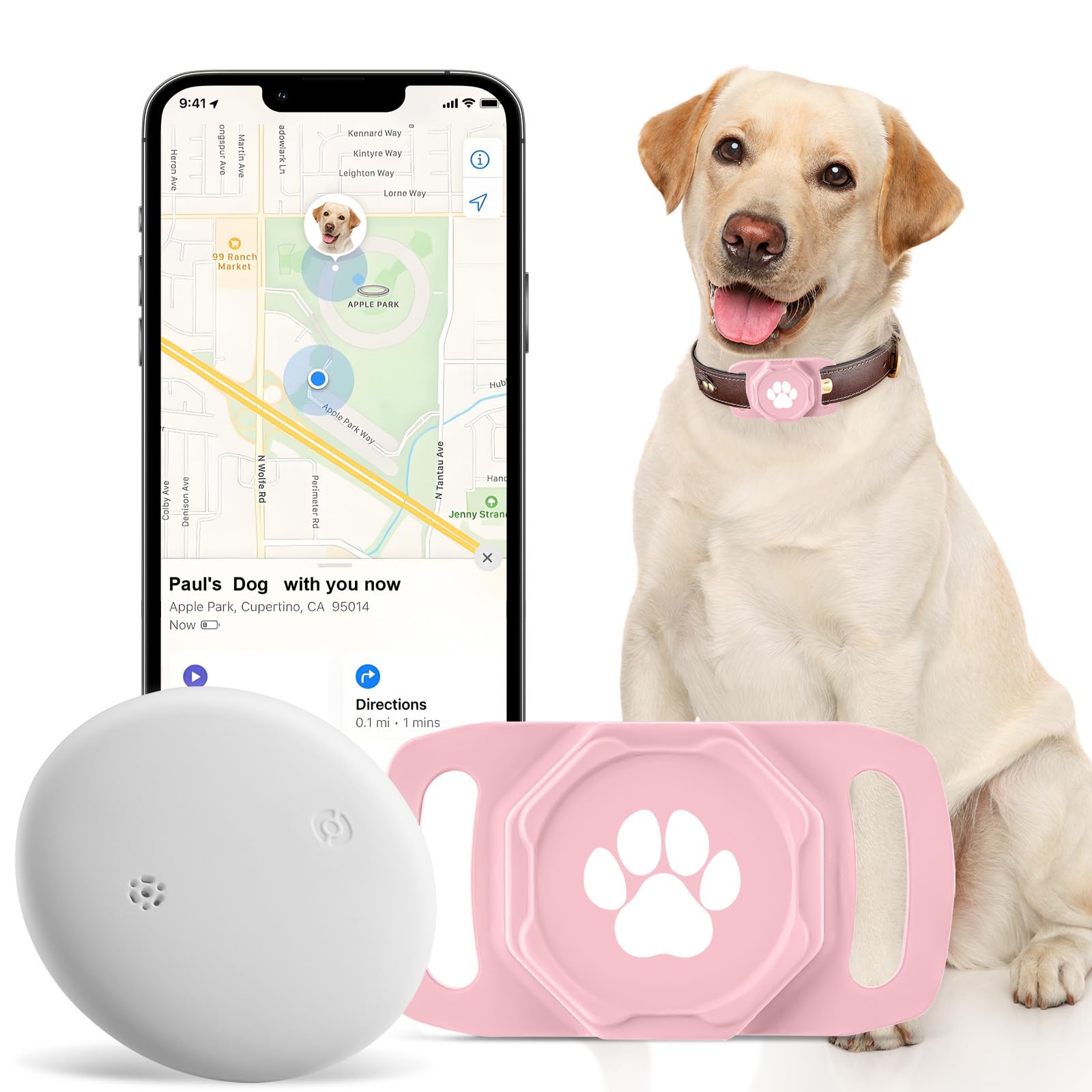 Tracker intelligent pour collier – Tracker de localisation de chien avec support, compatible avec Google Android uniquement (pas pour iOS), rose