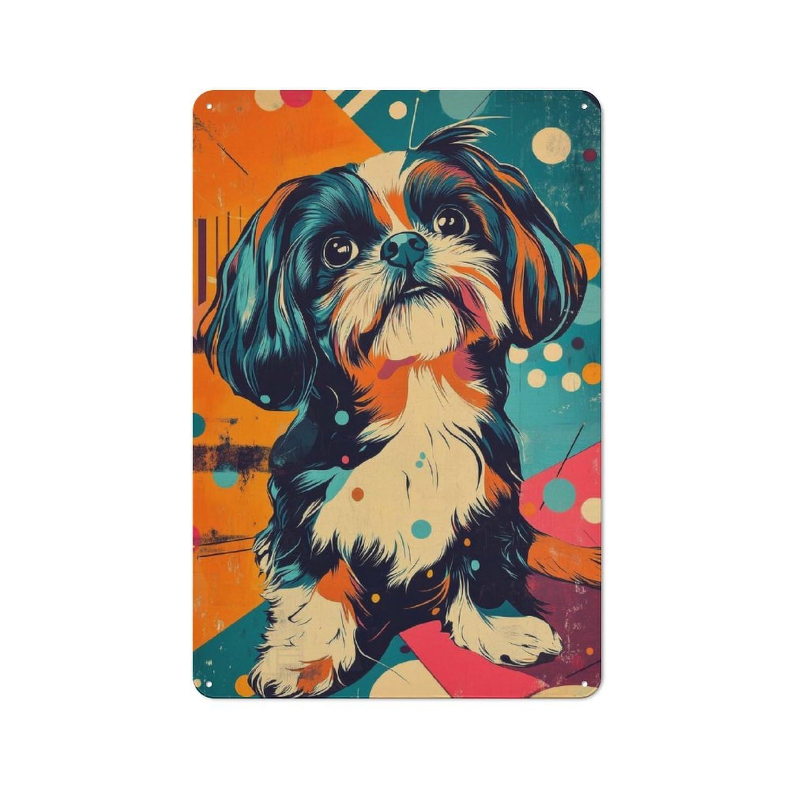 Junmoney Shih Tzu Pop Art Playful Shih Tzu In Retro C 30X20cm Rustic Metal Sign With Olors For Hobby Room Or Studio, Metal Sign Decor For Hobby Rooms And Studios