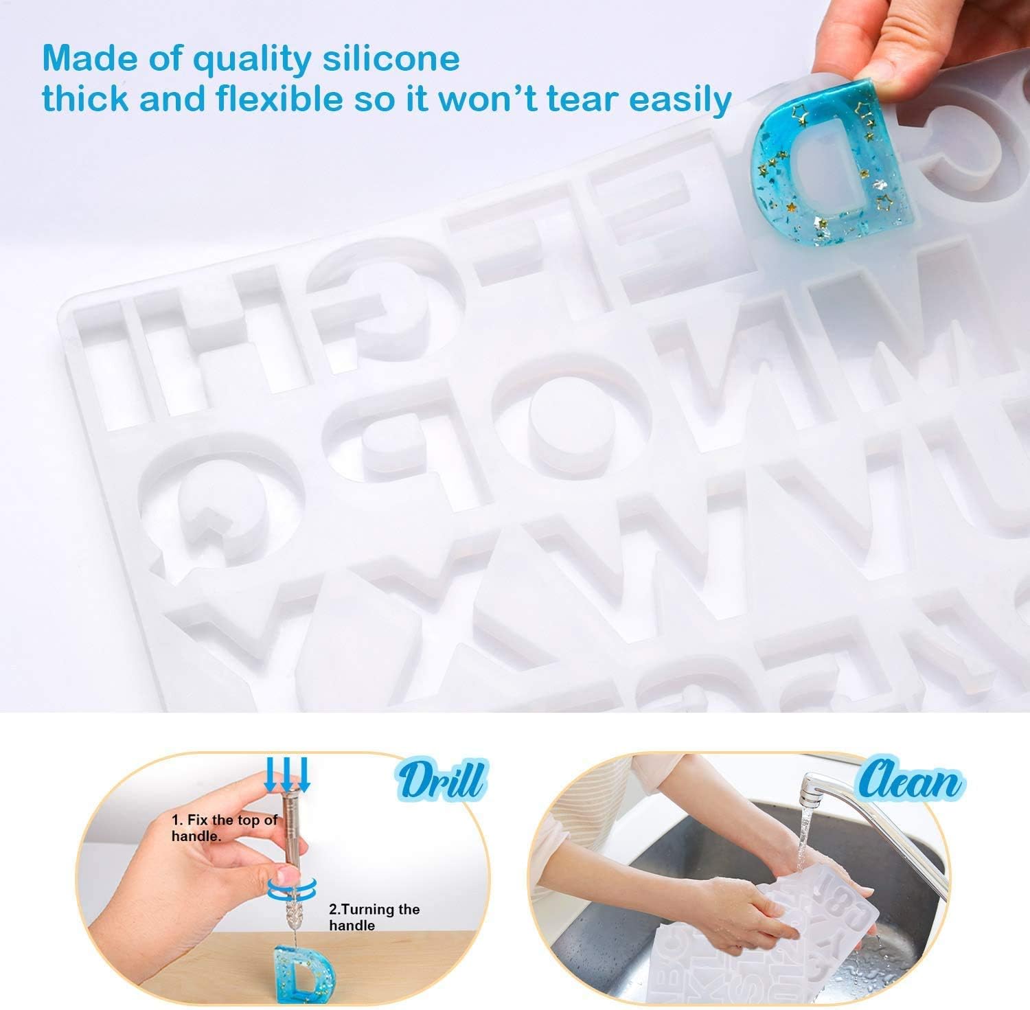 Mocoosy 134 Pcs Silicone Alphabet Resin Moulds Kit, Letter Number Epoxy Resin Casting Set with 1 Drill, 2 Drills, 30 Key Rings, 100 Screw Pins