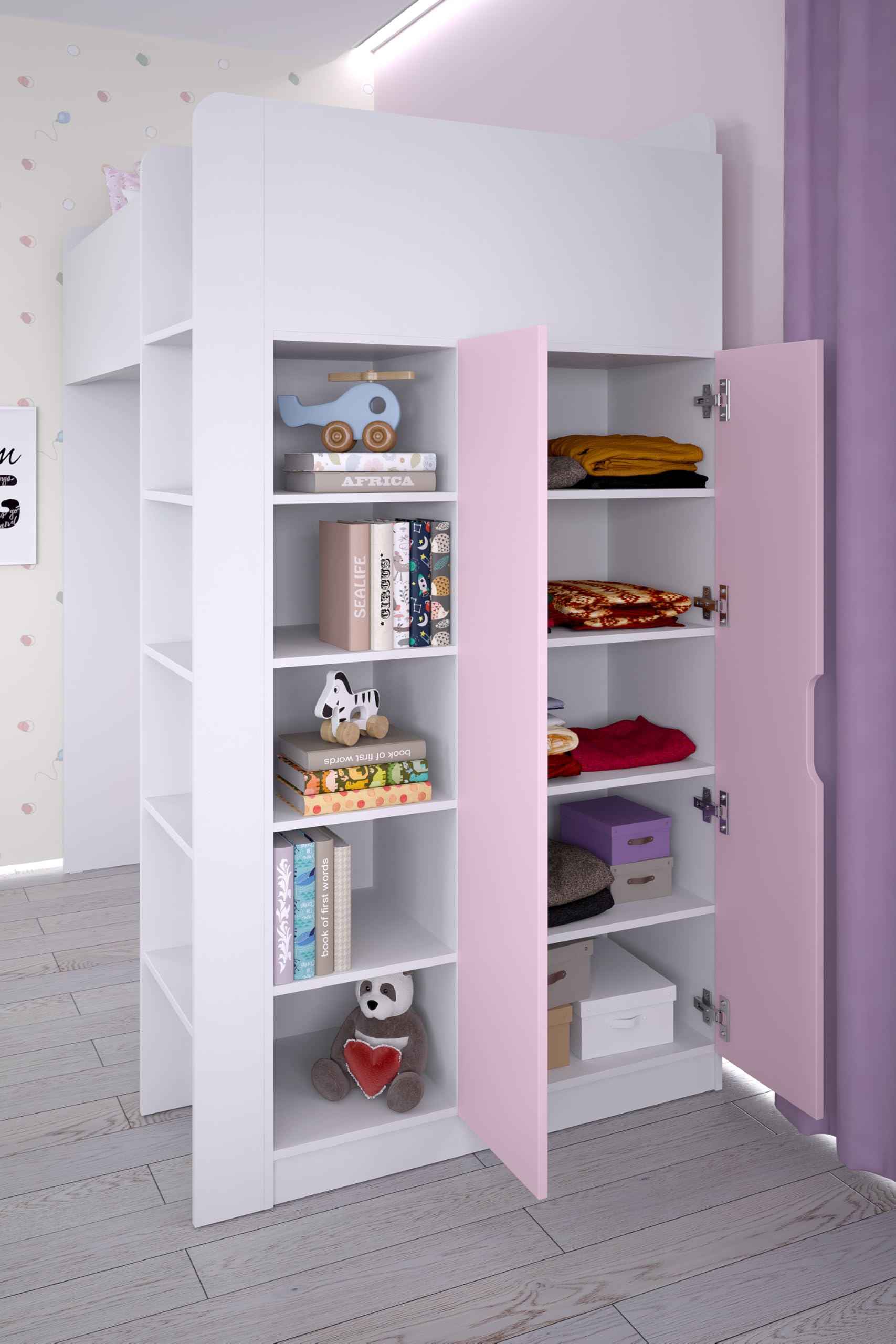 Shefa Kids Hochbett Mit Schreibtisch - Platzsparendes 5-in-1 Hochbett Kinder Mit Treppe, Kleiderschrank, Regal & Arbeitsbereich - Rosa, Belastbar Bis 90 Kg, Maße: 206 x 107 cm
