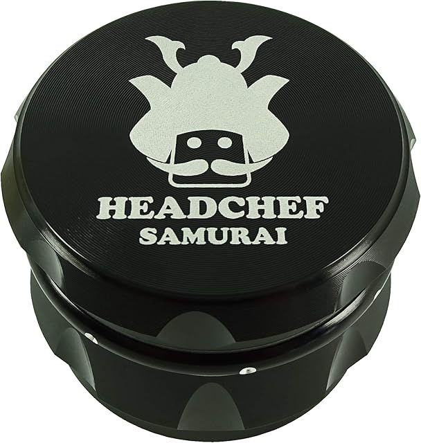 Headchef Samurai Metal Herb and Tobacco Grinder with Sifter Scraper  4 Piece Grinder, 55mm (Black)