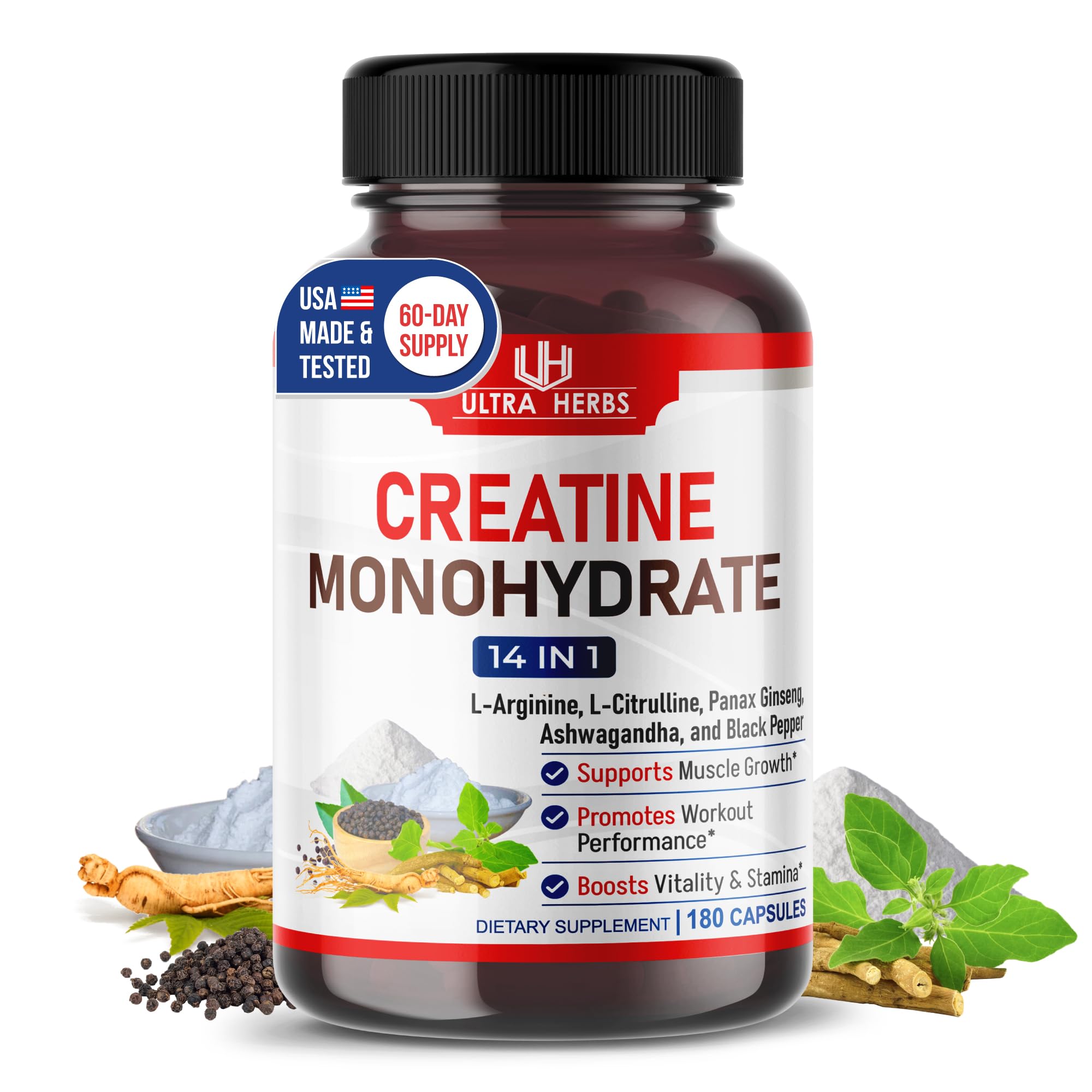 Ultra Creatine Pills | Creatine Monohydrate Capsules Enhanced with L-Arginine, L Citrulline, Ginseng | Support Stamina, Energy & Muscle Growth | 180 Capsules