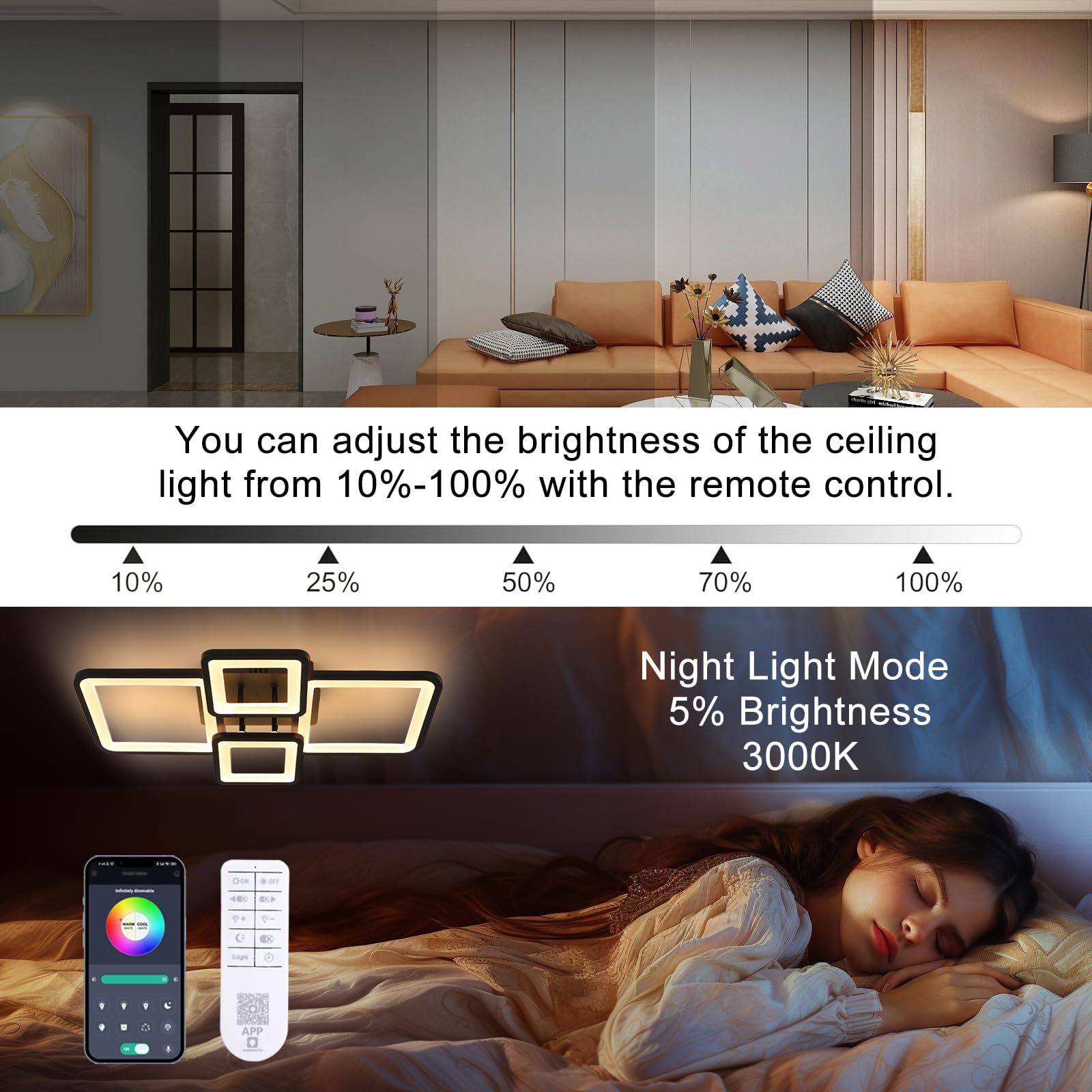 Toolight - Lámpara de techo LED, regulable con mando a distancia, 62 cm, para salón dormitorio, Negro | Toolight - Lámpara de techo LED, regulable con mando a distancia, 62 cm, para salón dormitorio