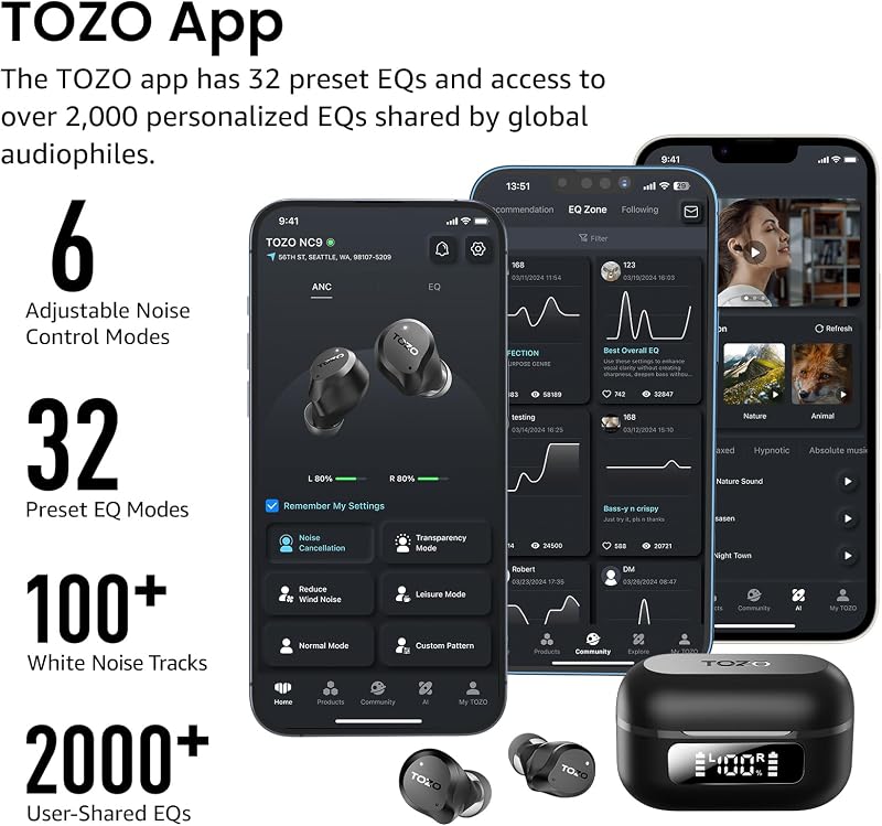 TOZO NC9 Hybrid Active Noise Cancelling Wireless Earbuds, 60H, LED Display image 6