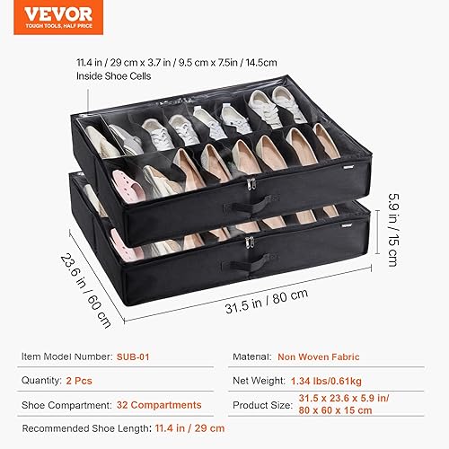 Miniatura 7 de VEVOR Organizador de almacenamiento de zapatos debajo de la cama, juego de 2, total de 32 compartimentos, solución de almacenamiento de zapatos