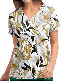 HKUOPW Working Uniform for Women Women's Casual Plus Size Short Sleeve Tops Printed V Neck Workwear Tunic Blouse Shirt with Pockets for Work Office UK Size S-5XL