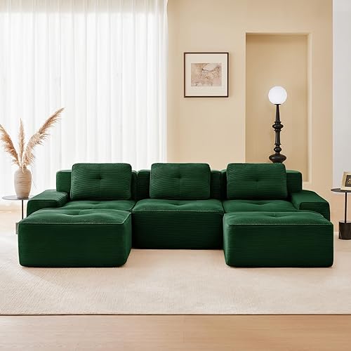 Miniatura 3 de Sofás modernos sin hueso de 115 pulgadas para sala de estar, sofá modular de pana seccional, sofá modular verde, 3 plazas con 2 otomanas, sofás para