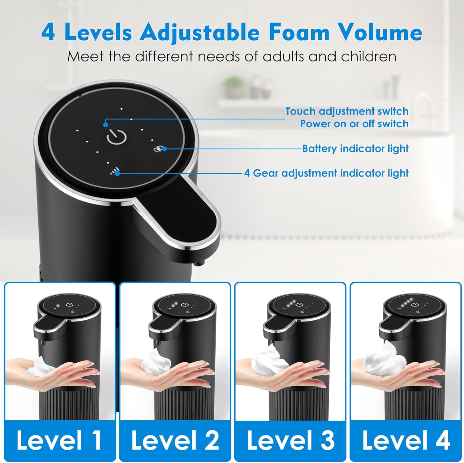 Automatic Foaming Soap Dispenser, 4-Level Adjustable Electric Foam Hand Soap Dispenser, USB Rechargeable Touchless for Bathroom Countertop, Kitchen, 13.5oz, Wall Mounted(Black)