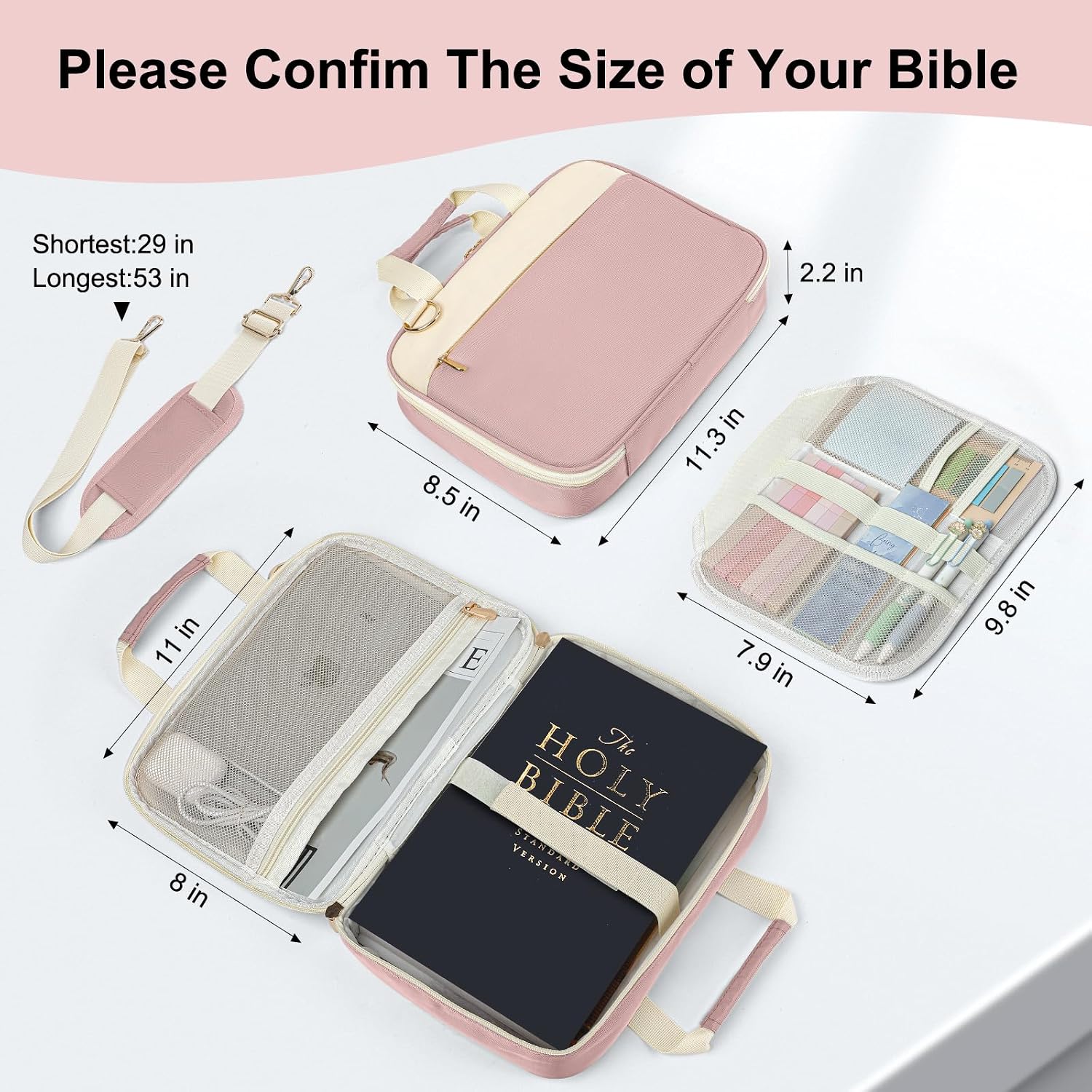 CASIRENA Bible Covers for Women - Large Size Bible Carrying Case, Church Bible Bag with Padded Handle, Adjustable Shoulder Strap, and Zippered Pockets, Perfect Gifts for Church ReligiousPINK