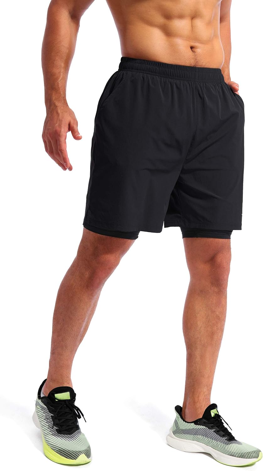 Pudolla Men’s 2 in 1 Running Shorts 5" Quick Dry Gym Athletic Workout Shorts for Men with Phone Pockets - Image 4