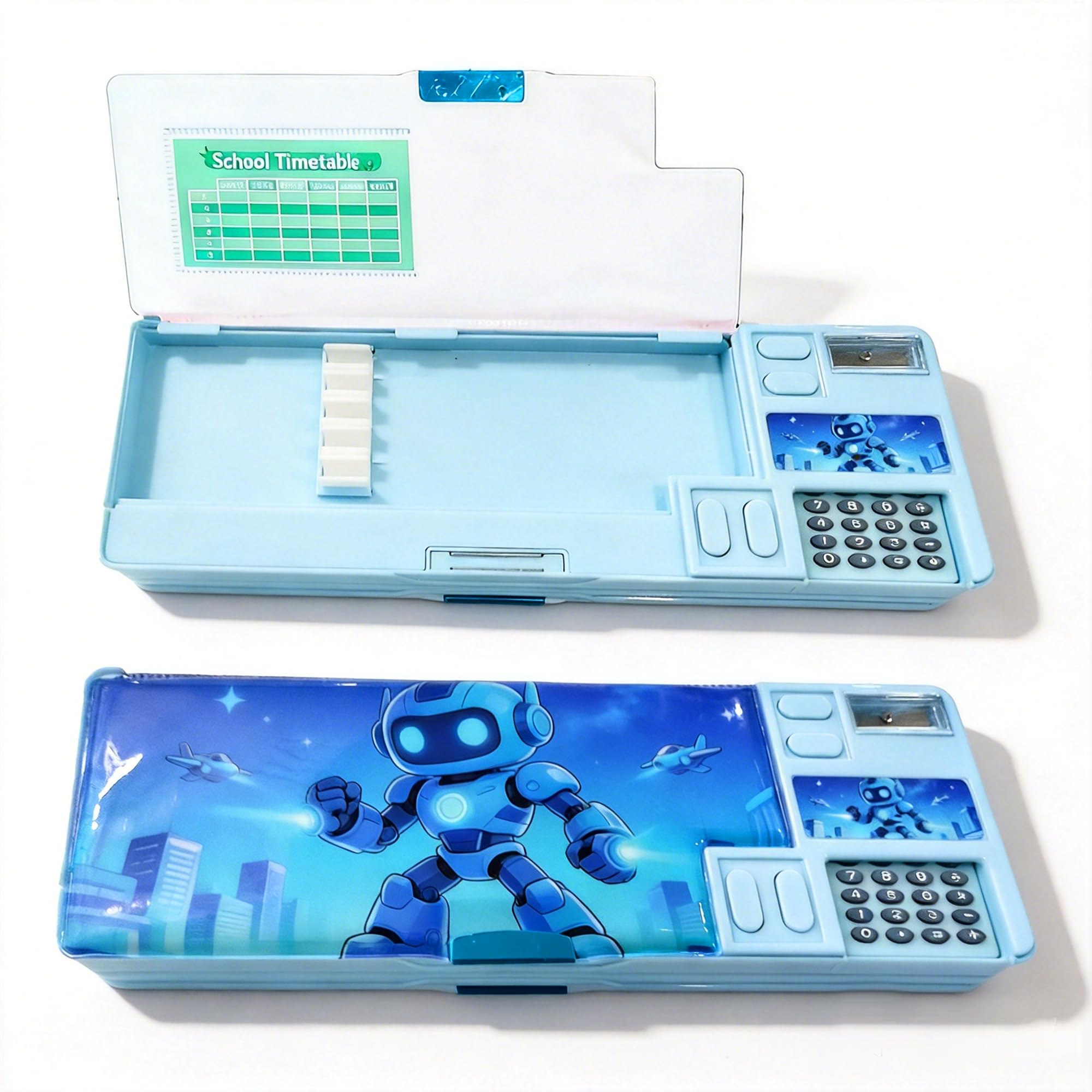 Ristpal Pop Up Multifunction Pencil Case for Boys and Girls with Calculator, Sharpener, Cute School Supplies Pencil Box, Stationery Organizer, Best Gift Birthday Present for Kids (Blue Robot)