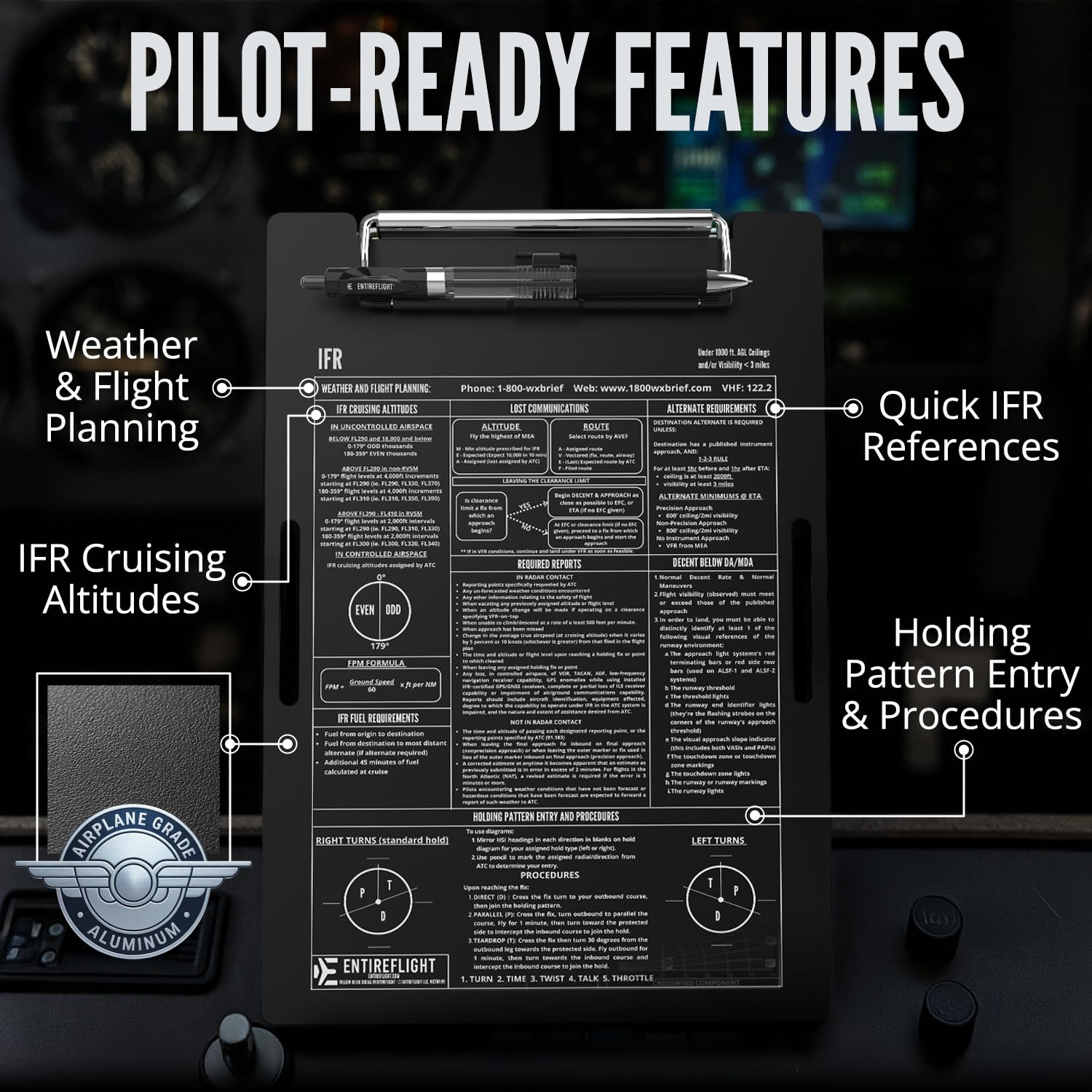 IFR Pilot Kniebrett Luftfahrt Kniebrett mit Flugnotizblock | Pilotenzubehör für Schüler Essentials | Premium Aluminium Kniebrett | Flugsimulator-Zubehör