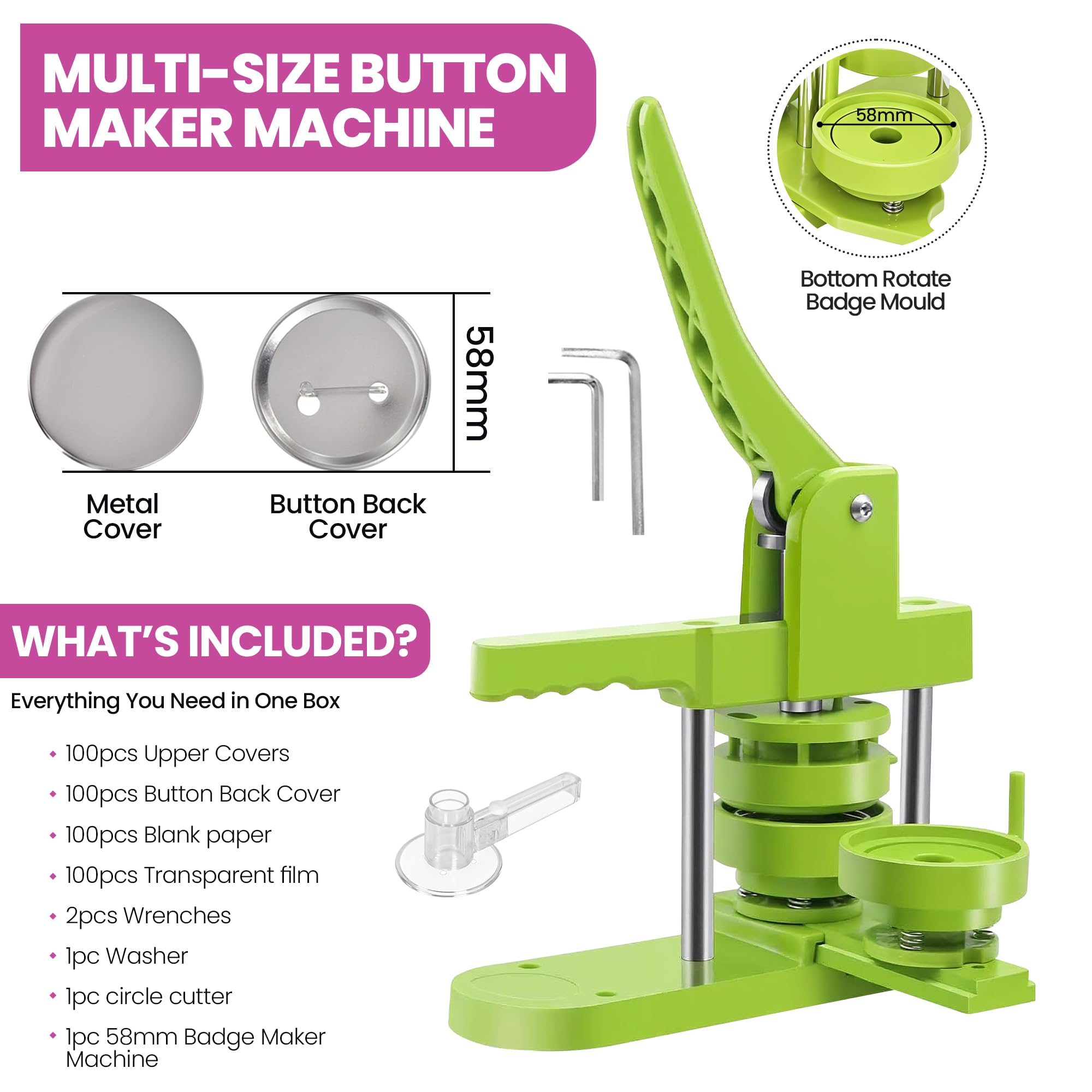 WedDecor Machine à badges de 58 mm, kit de presse à épingles, outil de fabrication de badges multi-tailles avec pièces de bouton de 58 mm, coupe-cercle pour mariages, collectes de fonds, marque et