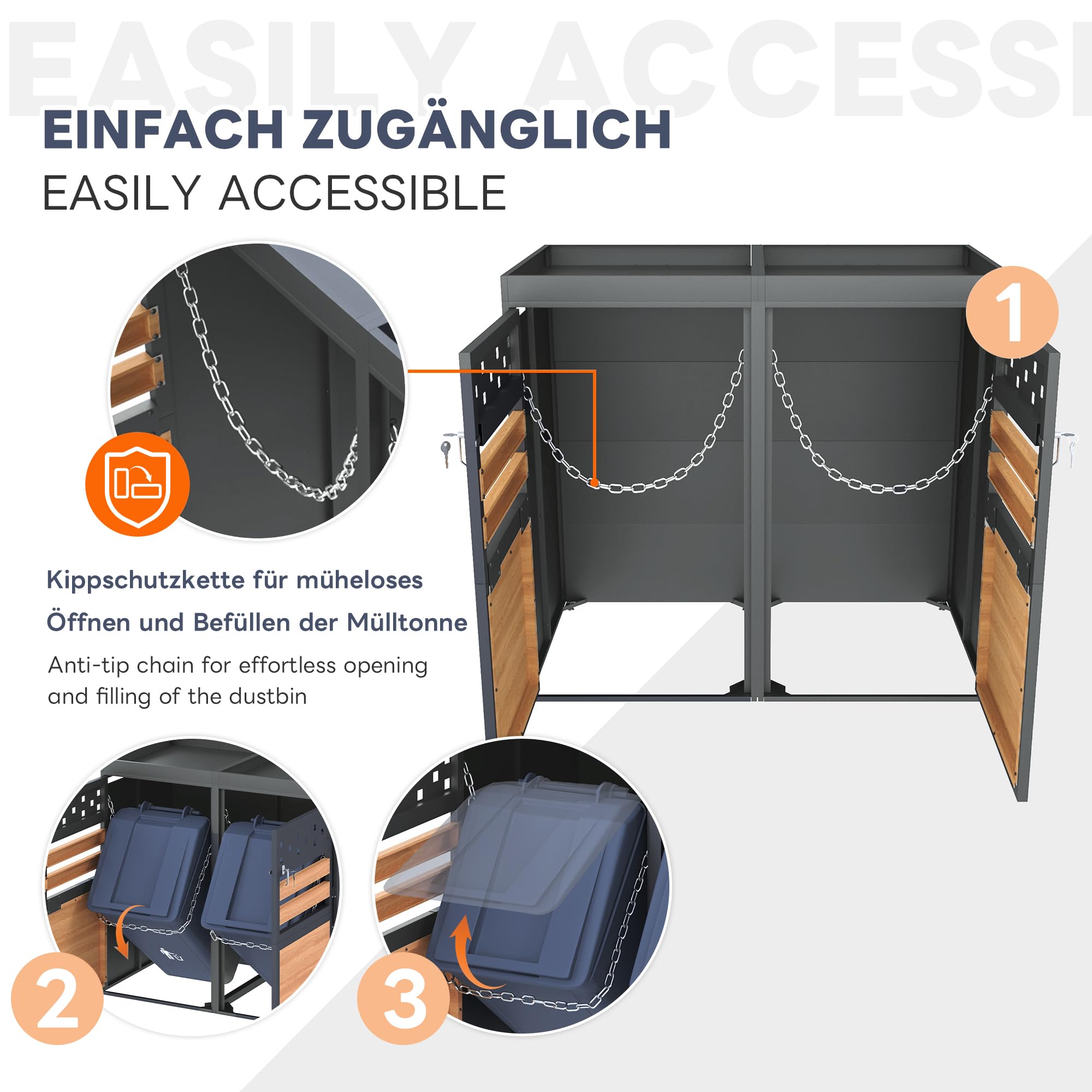 Mülltonnenbox 4-er mit Pflanzdach 120-240 Liter, Mülltonnenverkleidung für Mülltonnen Müllbox, Gartenbox mit Mülltrennsystem, Abschließbar, Pflanzfläche, Holzoptik Türen, Grau