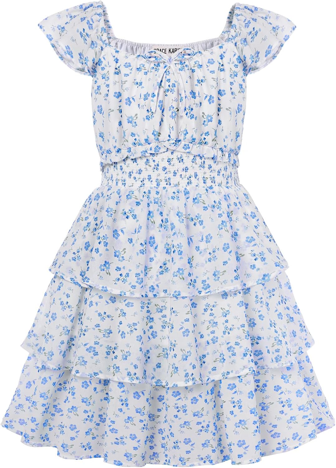 GRACE KARIN Girls Spring Summer Floral Dress Teen Ruffle Smocked 3 Layerr Dresses Kids Cute Boho Easter Clothes Size 7-14