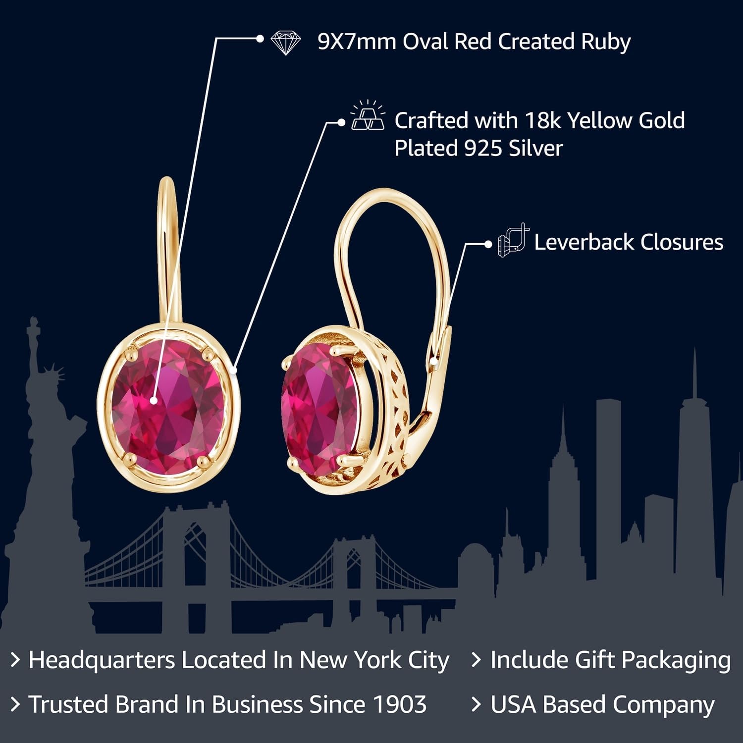 Gem Stone King 18K Yellow Gold Plated Silver Red Created Ruby Dangle Earrings For Women (4.00 Cttw, Oval 9X7MM) - Image 2