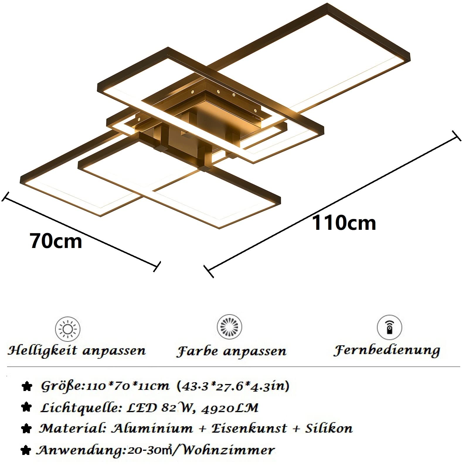 Moderne LED Deckenleuchte Dimmbar 82W, Wohnzimmerlampe Rechteck Deckenlampe Leuchten Schlafzimmer mit Fernbedienung Lichtfarbe Helligkeit Farbwechsel, Deckenbeleuchtung Lampe Dimming Innenbeleuchtung