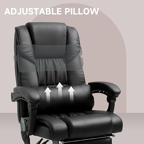 Miniatura 7 de Vinsetto Silla de oficina de masaje de respaldo alto con 6 puntos de vibración, silla de computadora reclinable de piel sintética, silla de Negro