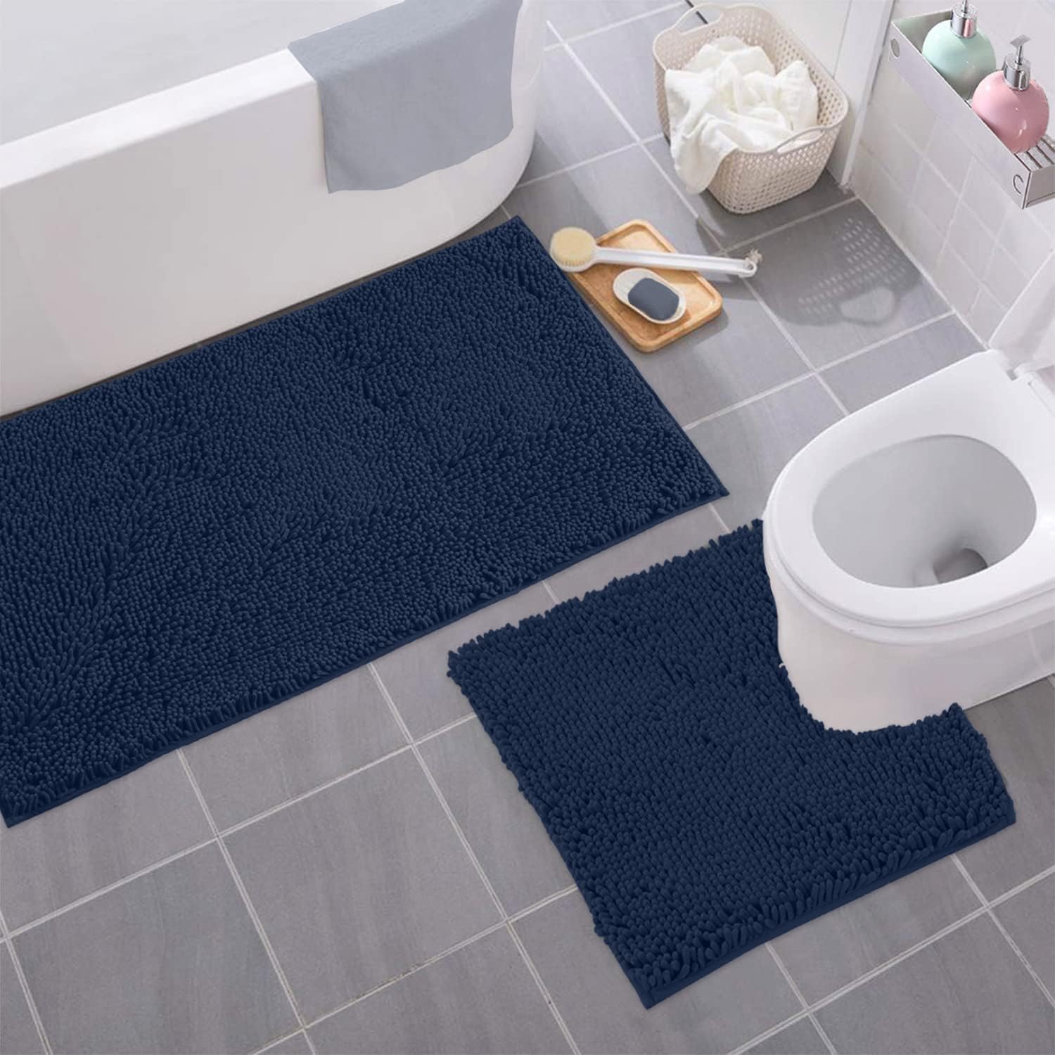 Bathroom Rugs Sets 2 Piece, Luxury Chenille Bath Mat Set, Soft Plush Anti-Slip Bath Rug + U-Shaped Toilet Mat. Microfiber Shaggy Carpet, Super Absorbent (24” x 36” & 20” x 24” U, Navy)