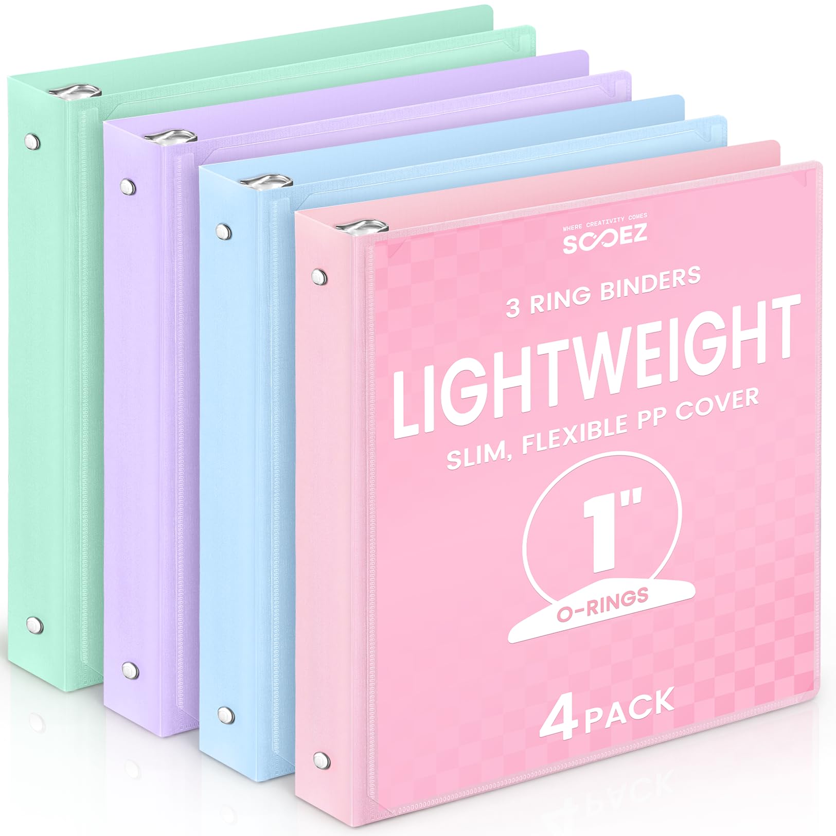 Sooez 1 Inch 3-Ring Binders, 4-Pack, Pastel Colors