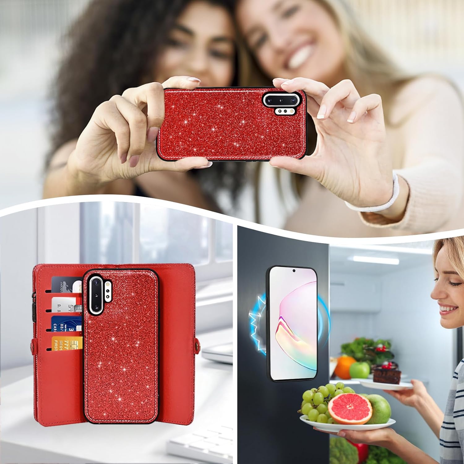 Asuwish Phone Case for Samsung Galaxy Note 10 Plus Note10+ 5G Zipper Wallet Detachable Cell Cover with Tempered Glass Screen Protector Flip Card Holder Note10 + Notes 10+ Ten Not S10 10Plus Women Red