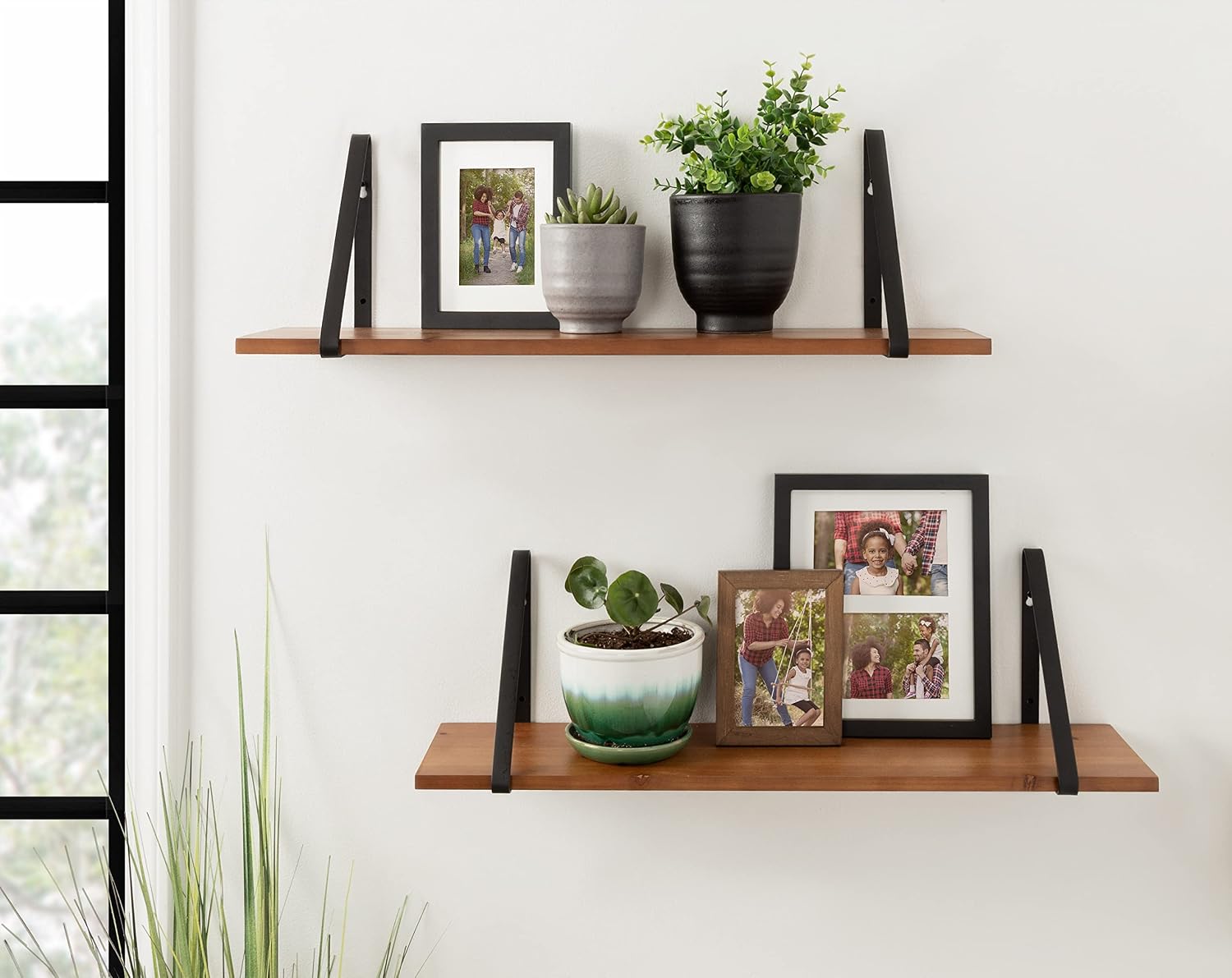 Kate and Laurel Soloman Wooden Shelves with Simple Metal Brackets, Rustic Brown and Black, 2 Piece Set