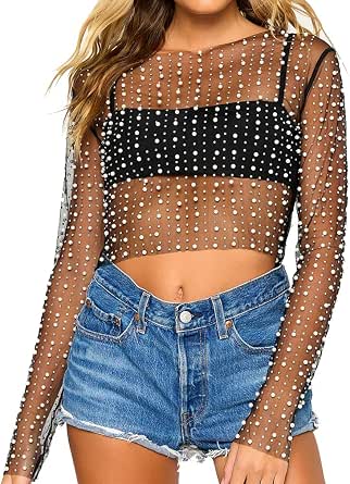 Naileksi Women Pearl Rhinestone Sheer Mesh Crop Top Long Sleeve Slim Fit Blouse
