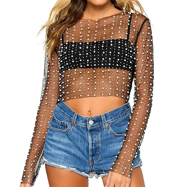 LOFAAC Women Sexy See Through Pearl Rhinestone Beaded Crop Top Y2K Long Sleeve Sheer Mesh Crop Blouse Shirt