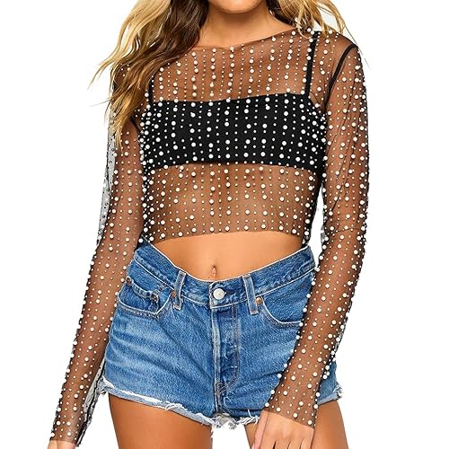 Naileksi Women Pearl Rhinestone Sheer Mesh Crop Top Sexy See Through Long Sleeve Slim Fit Cropped Blouse Shirt Clubwear - Medium - Black