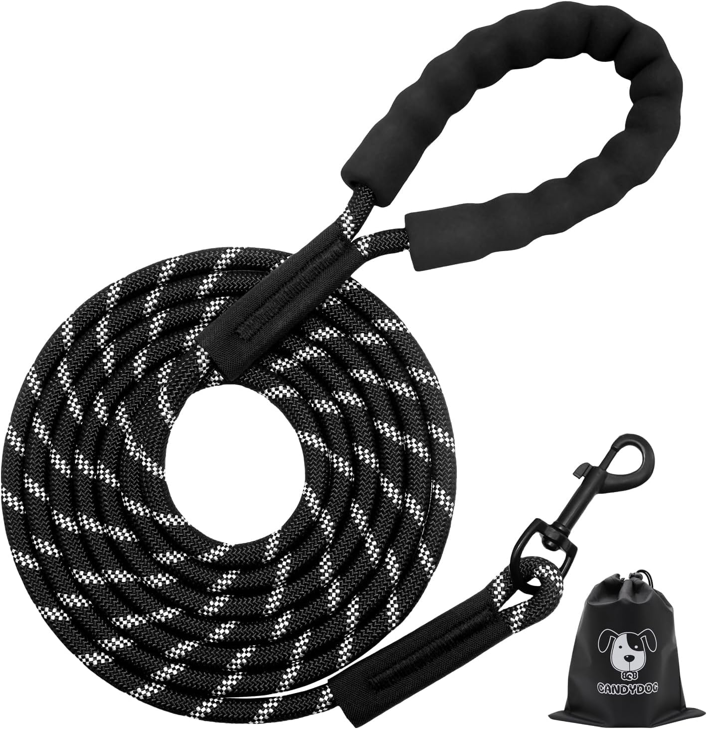 CANDYDOG Correa Perro 3m, Durabilidad Nylon Correa Adiestramiento Asa Perros Reflectante con Mango Acolchado Suave para Perros Grande, Medianos y Pequeño (Negro)