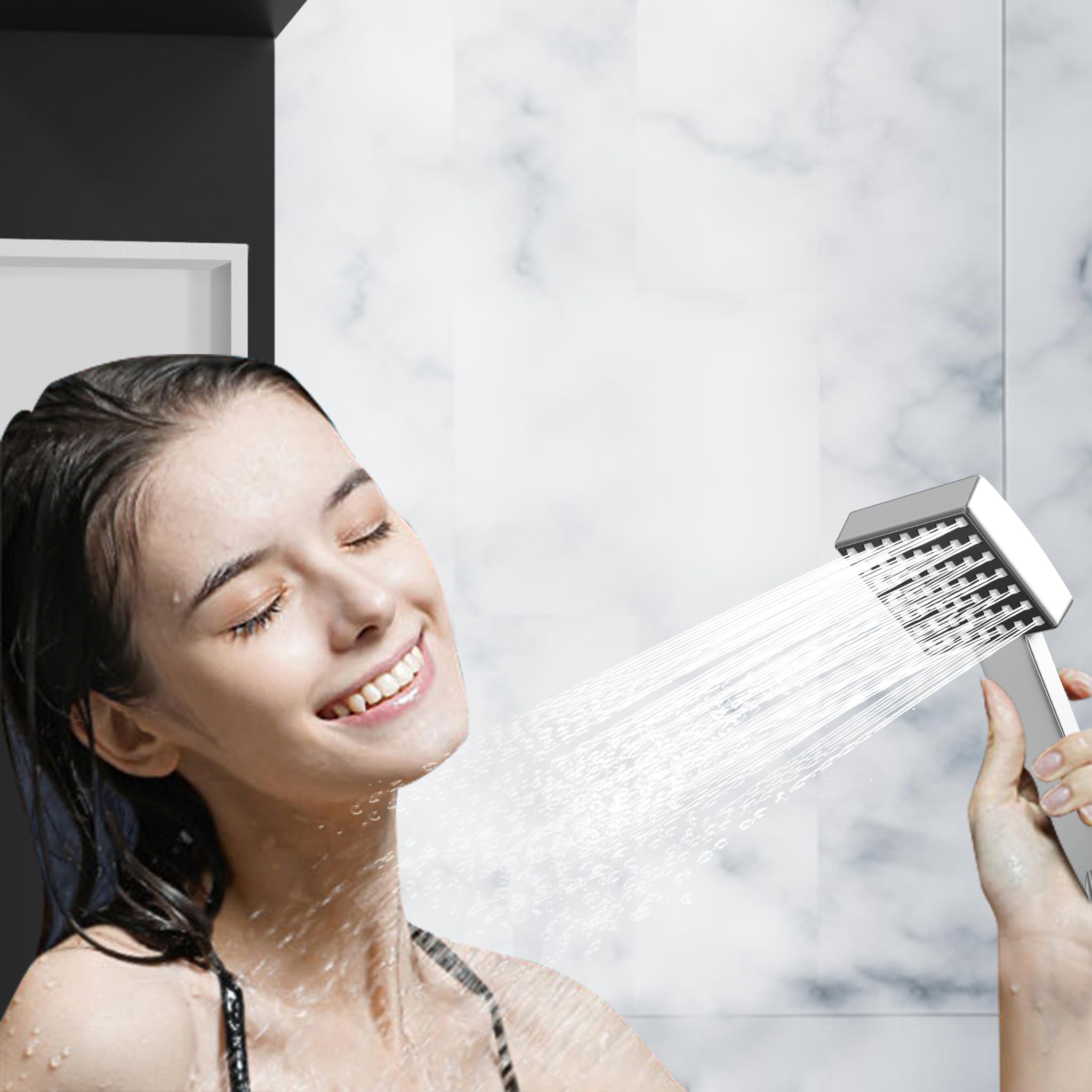 Aufun Panel de ducha de acero inoxidable con estante y grifo, 5 funciones, columna de ducha lluvia y niebla, 4 chorros de masaje ajustables de ángulo ancho, ducha de mano y entrada de bañera en