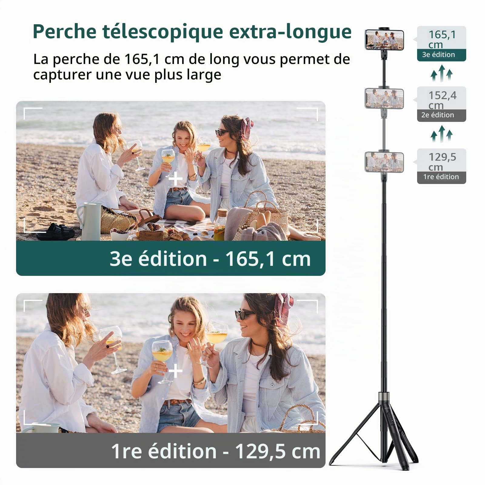 ATUMTEK 165cm Perche Selfie, Perche à Selfie avec Télécommande Bluetooth Amovible, Trepied Smartphone Extensible pour iPhone et Android, Enregistrement Vidéo, Blogage, Streaming en Direct, Noir