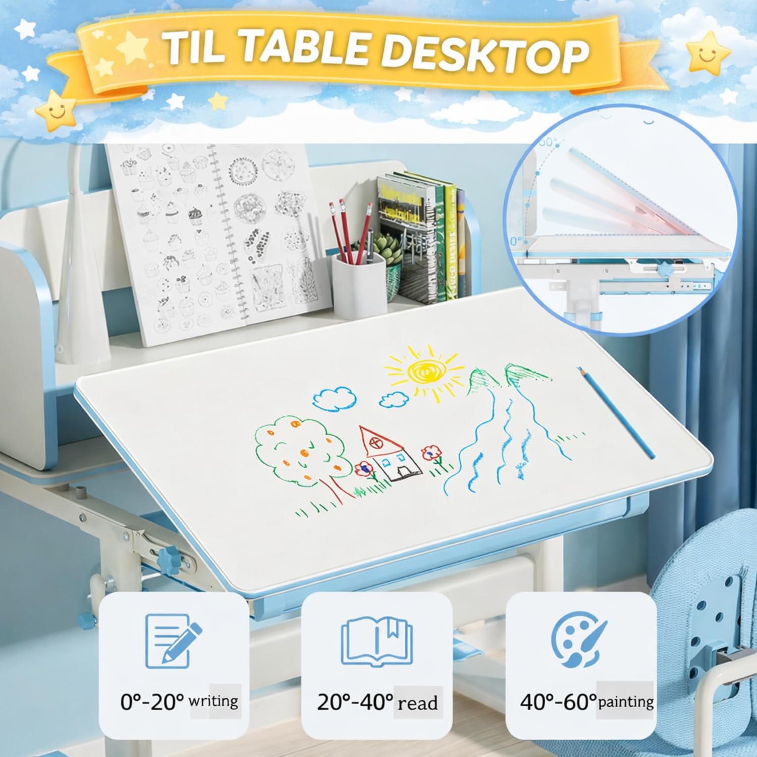 NUCARTURE Kids Study Table with Chair Height Adjustable Computer Table and Chair for Toddlers Children Desk with Storage Cabinet Kindergarten Writing Table (Blue, Adjustable Table with Bookshelf) 2