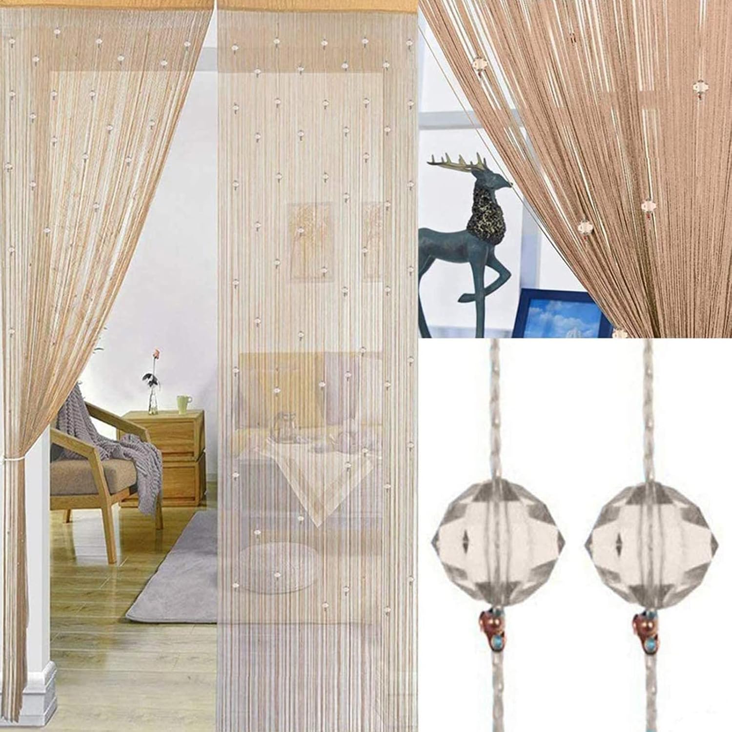 UNIAI Crystal Beaded Curtain Tassel Curtain 90 x 200 cm Door String Curtain Thread Fringe Window Panel Room Divider Cute Strip Tassel Party Events ( 39.3 x 78.7 inch )