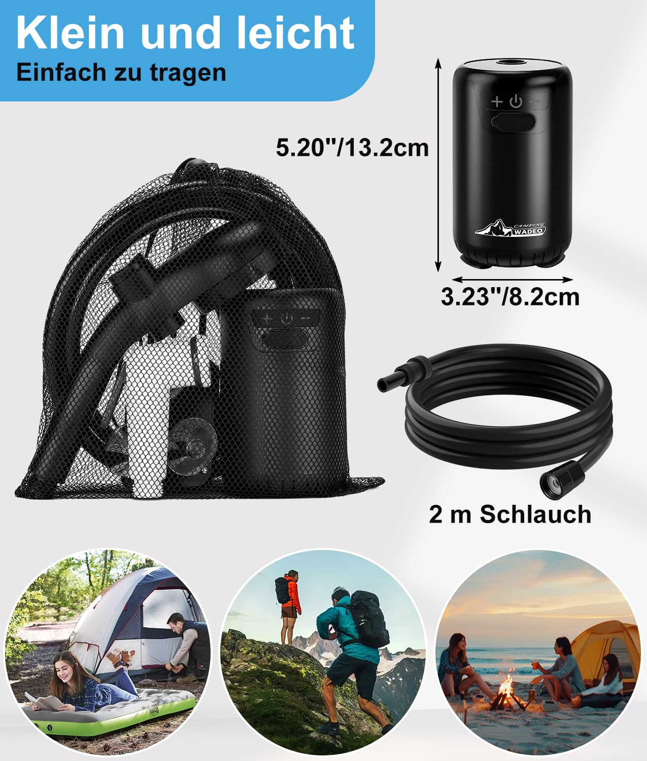 WADEO verbesserte Campingdusche Akku mit Pumpe, 10 Gänge Schaltung, 6000-mAh-Akku für 3 Stunden Laufzeit, mit doppelter Digitalanzeige, Mobile Duschen Outdoor für Camping Reisen Garten (Schwarz)