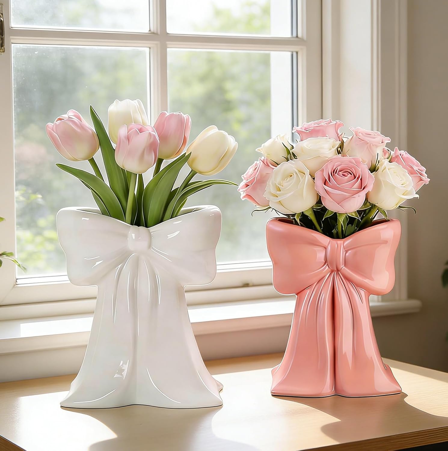 Ceramic Bow Vase 2 Pcs, Coquette Pink White Flower Vases for Bouquet, Unique Cute Vase Makeup Brush Pen Holder Aesthetic Bow Decor for Women Girls Room Centerpieces Living Room Table Shelf Wedding