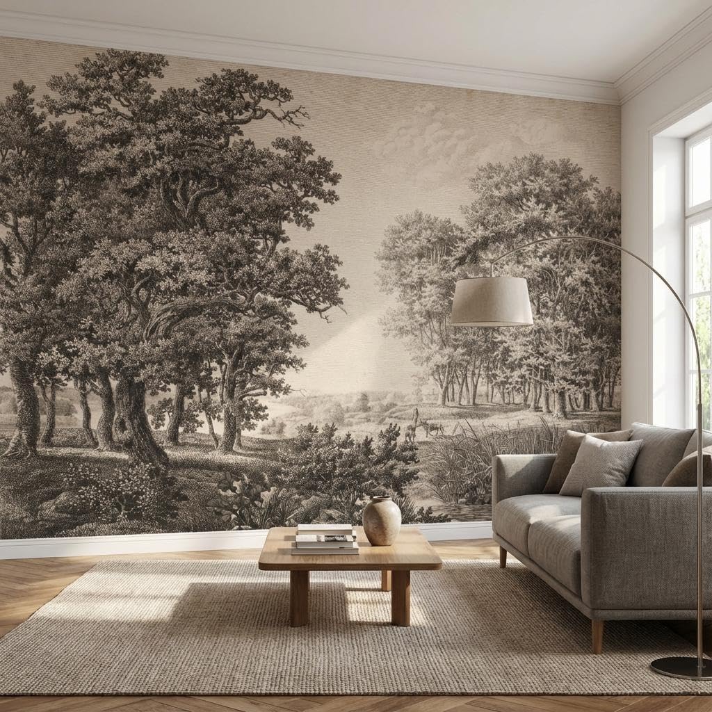 Sunny Graphics Print Nature Photo Mural Printed Forest Wallpaper Wall Covering Of Countryside Painting With Trees, Stream & Cow Wall Art Home Office Decoration