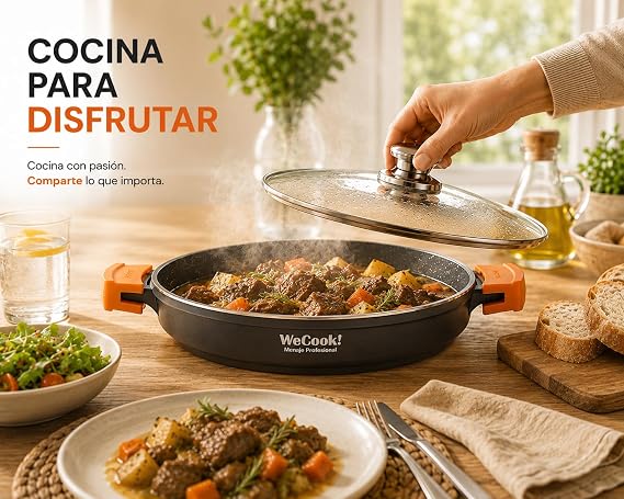 WECOOK Ecochef Titanium Casserole Low Induction Glass Lid 30 cm, 5 Layers Non-Stick Quantanium without PFOA, Cast Aluminium 5 mm, 3 Inches High, Handles Silicone, Ceramic Hob, Gas, Oven