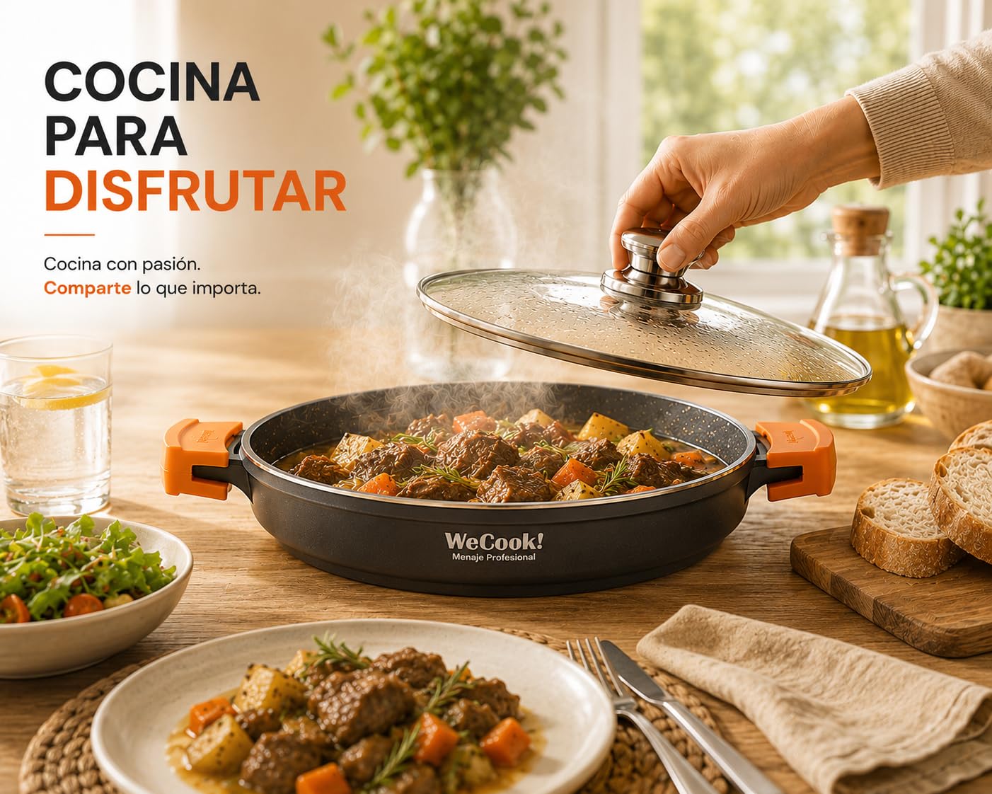 WECOOK Cazuela Baja Ecochef Titanio, 28 cm, 5 L, Negro, Inducción | Antiadherente QUANTANIUM 5 capas sin PFOA, Aluminio fundido 5 mm, Apta horno 230°C, Tapa vidrio templado, Lavavajillas