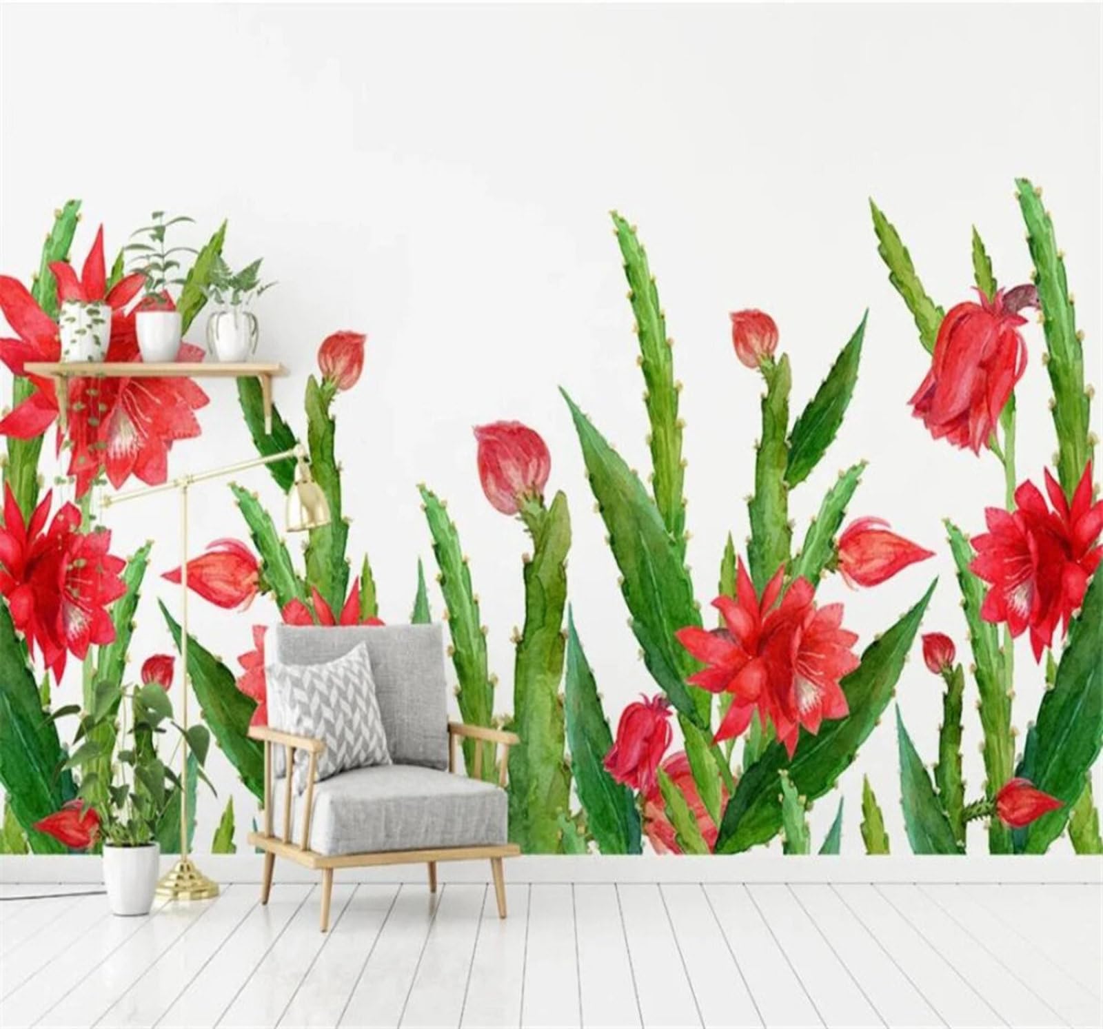 Xlming 400Cm×280Cm(B×H) Hand Drawn Beautiful Cactus Red Flowers 3D Wallpaper Luxury Silk Study Dining Feature Sofa Grey Bedroom Living Room Tv Decorative Wall-400Cm×280Cm