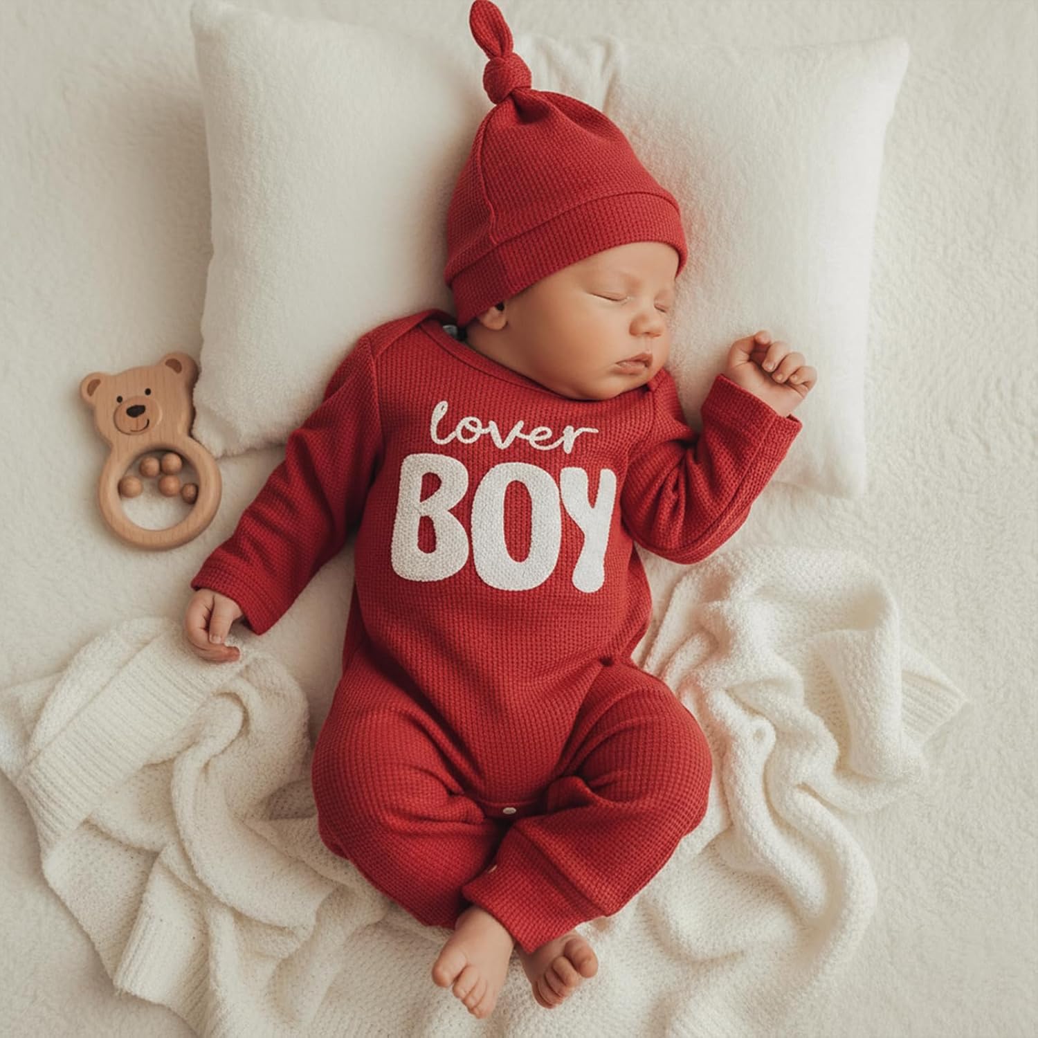 Newborn Boy Valentines Outfit Baby Lover One Piece Romper Waffle Long Sleeve Jumpsuit Coming Home Spring Clothes - Image 5