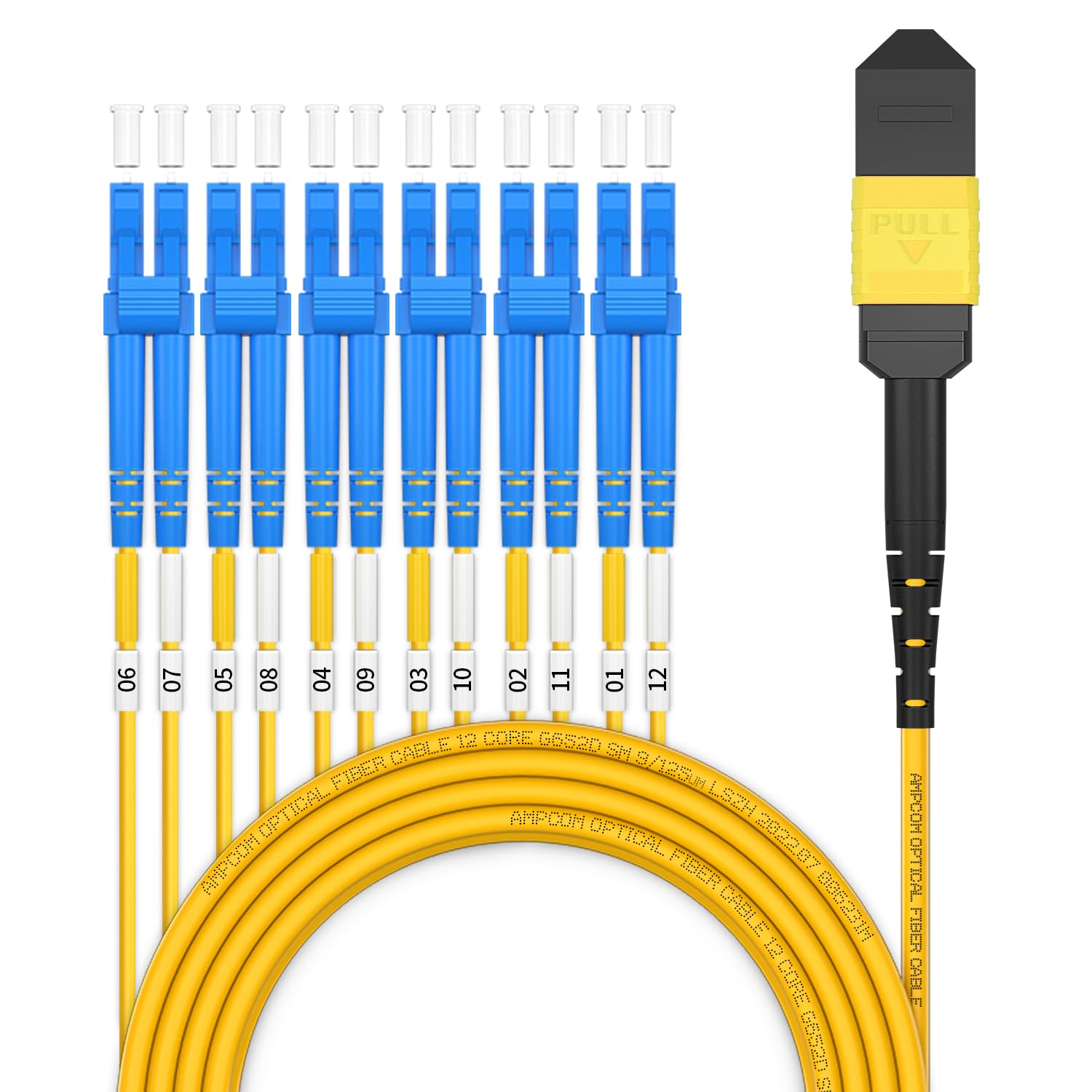 AMPCOM Cavo breakout da MPO a LC 9/125μm monomodale OS1/OS2 (12 fibre, MPO a LC, tipo B, LSZH/Riser, UPC, giallo), 1 m